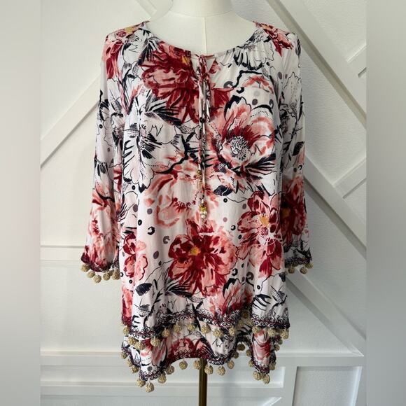 Soft Surroundings Boho Rosada Layered Blouse Floral Print PomPom Trim Size Small - Picture 3 of 10